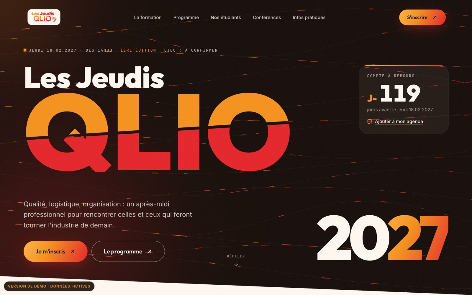 Page d’accueil du site des Jeudis QLIO : grand titre orange et rouge, date du 18 février 2027 et compte à rebours.
