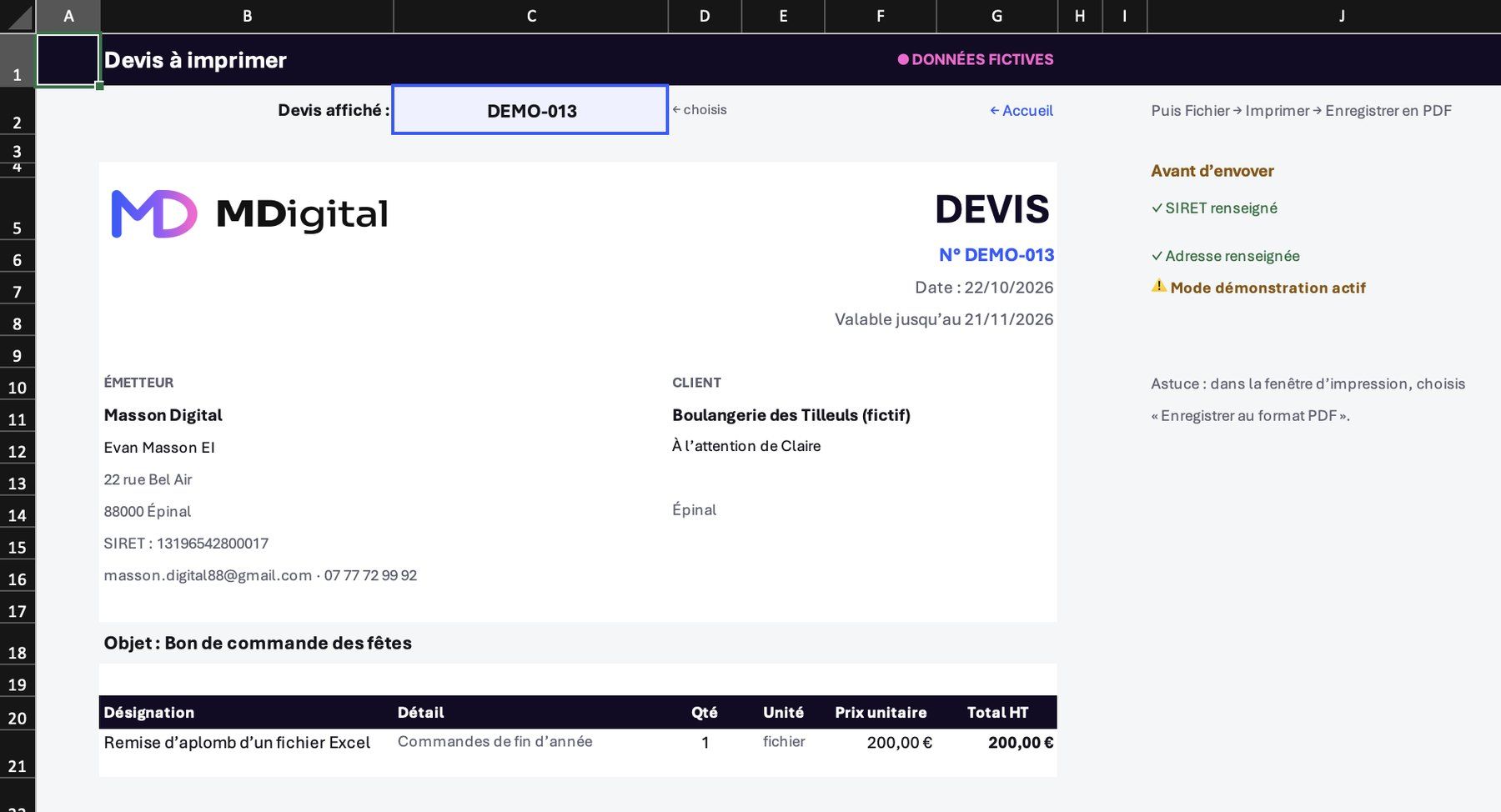 Devis mis en page automatiquement à partir des lignes saisies, avec logo, émetteur, client fictif et contrôles avant envoi.